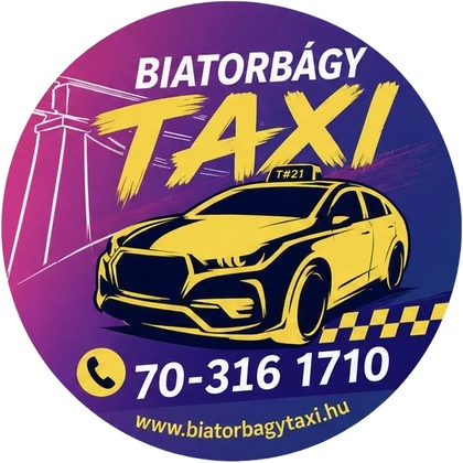 Biatorbágy Taxi kör alakú jelvénye a viadukttal és a telefonszámmal